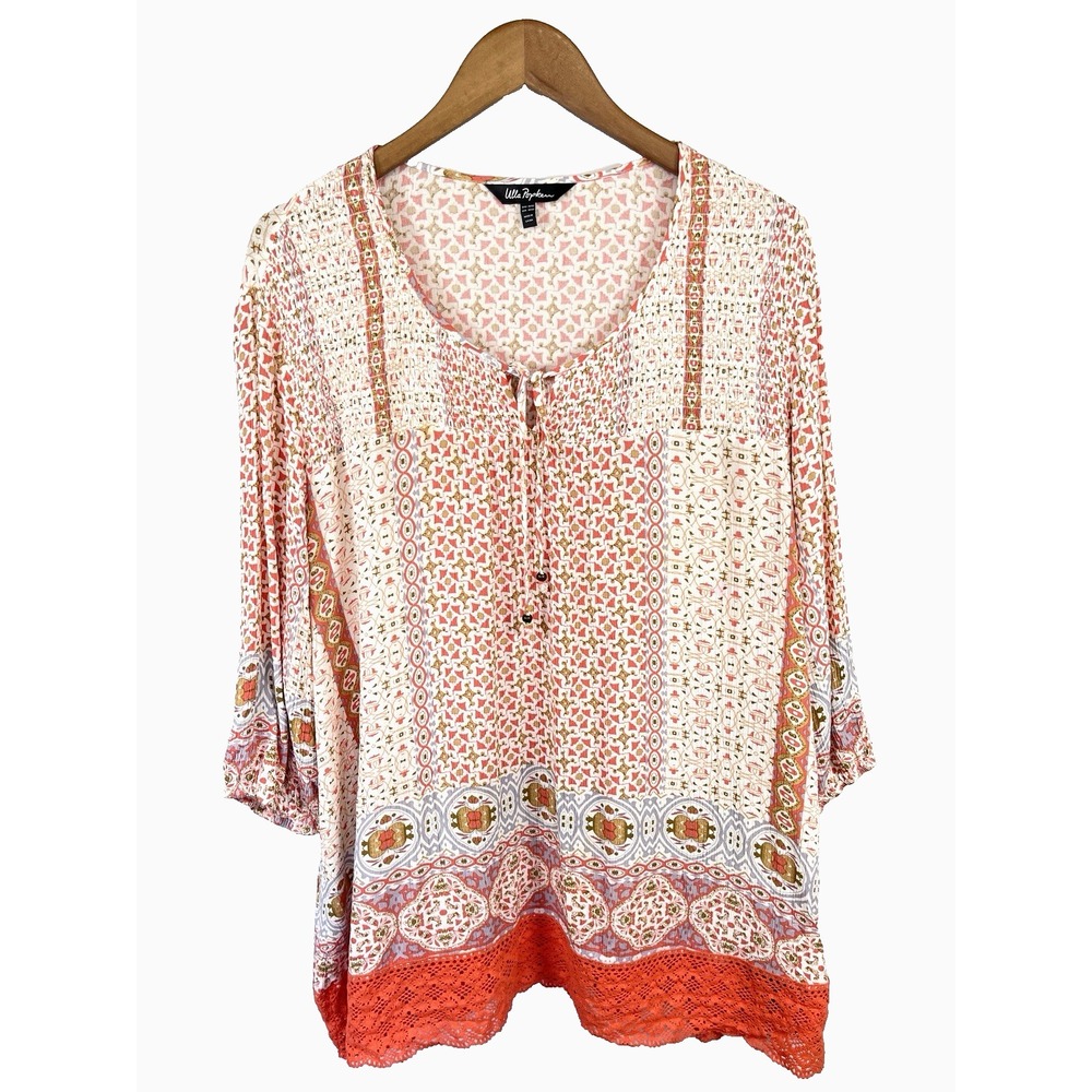 Ulla Popken Blue Floral  Embroidered Tunic‎ Peasant Top Boho Plus Size 28 30 4X